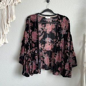 Taylor & Sage Velvet Burnout Black & Pink Floral Open Jacket - M